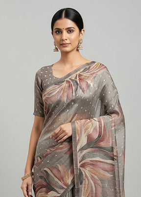 Grey Tussar Silk Saree With Blouse Piece