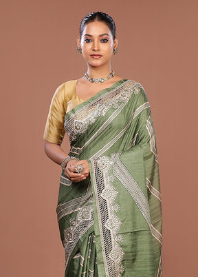 Green Tussar Silk Saree With Blouse Piece