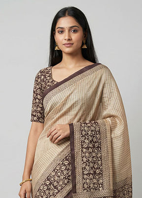 Cream Tussar Silk Saree With Blouse Piece