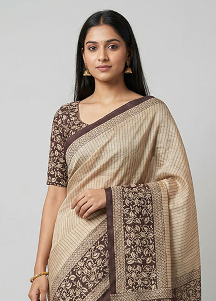 Cream Tussar Silk Saree With Blouse Piece