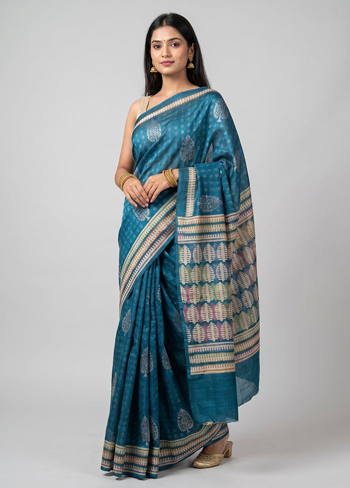 Blue Tussar Silk Saree With Blouse Piece