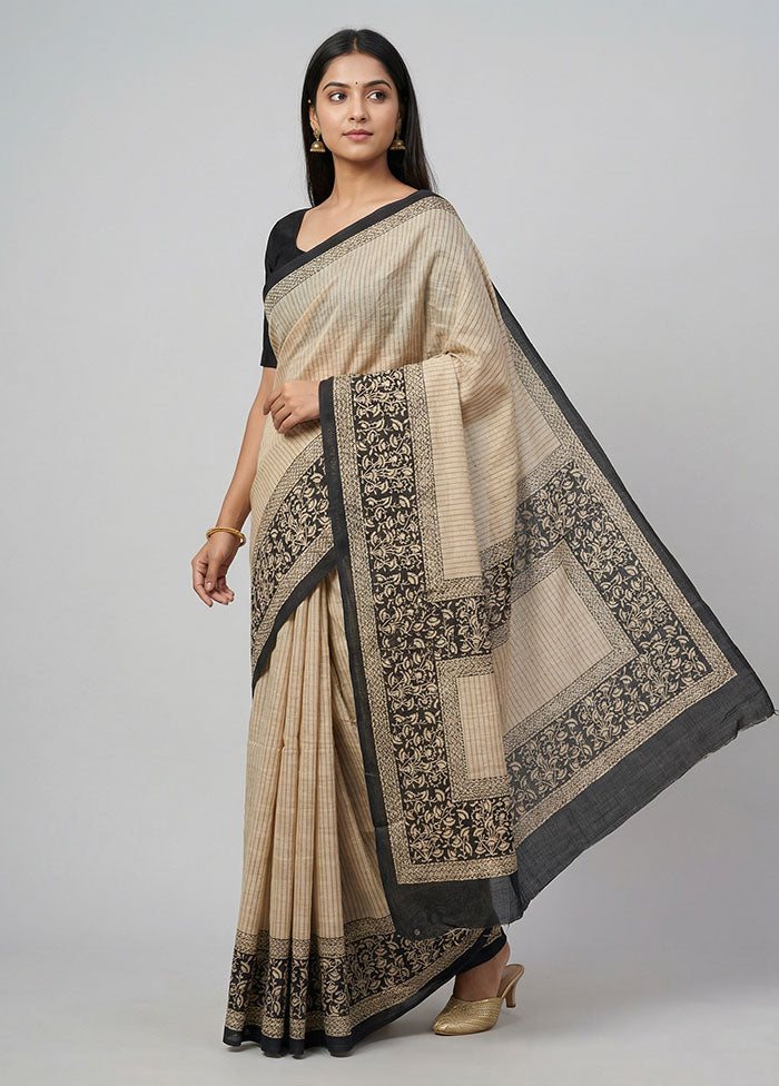 Cream Tussar Silk Saree With Blouse Piece