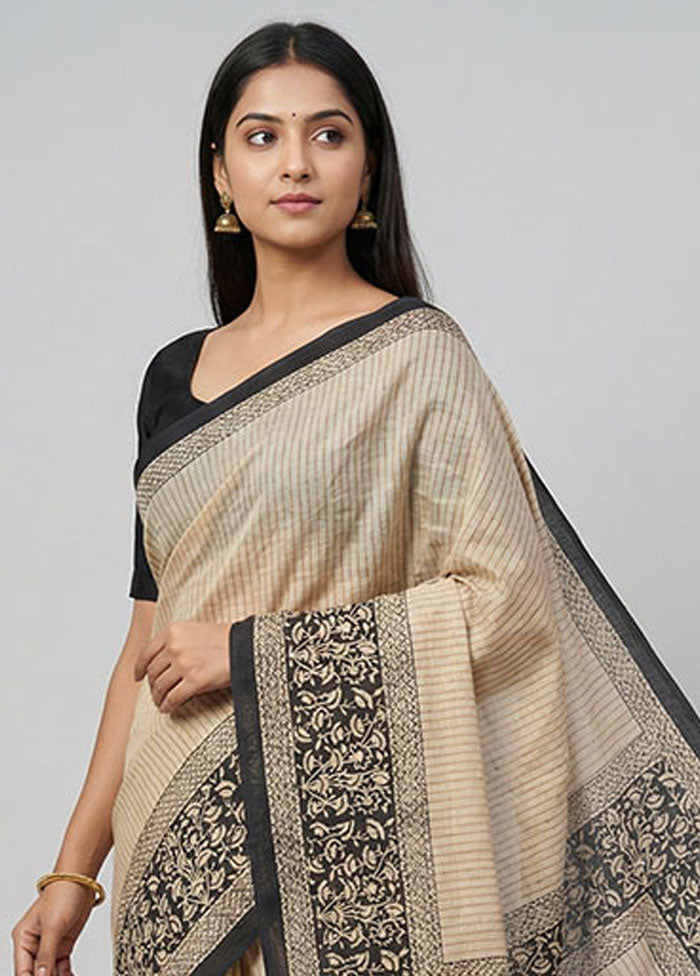 Cream Tussar Silk Saree With Blouse Piece