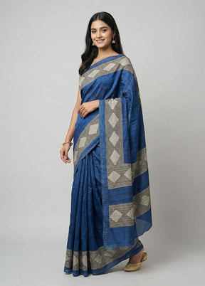 Blue Tussar Silk Saree With Blouse Piece