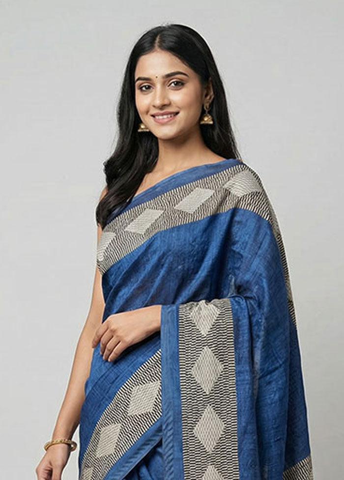 Blue Tussar Silk Saree With Blouse Piece