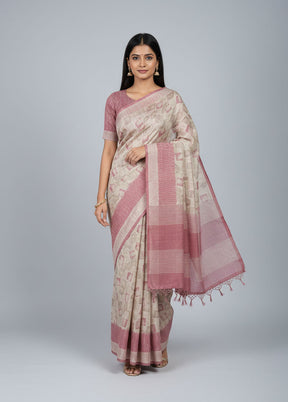Cream Tussar Silk Saree With Blouse Piece