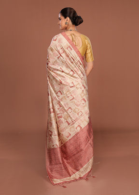 Cream Tussar Silk Saree With Blouse Piece
