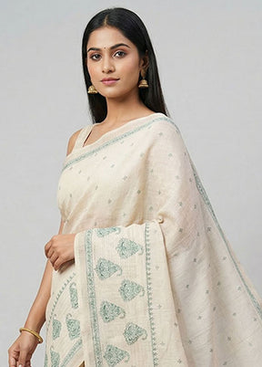 Cream Tussar Silk Saree With Blouse Piece