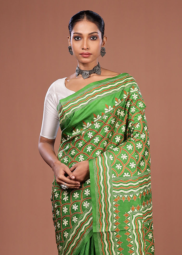 Green Handloom Kantha Stitch Pure Silk Saree With Blouse Piece