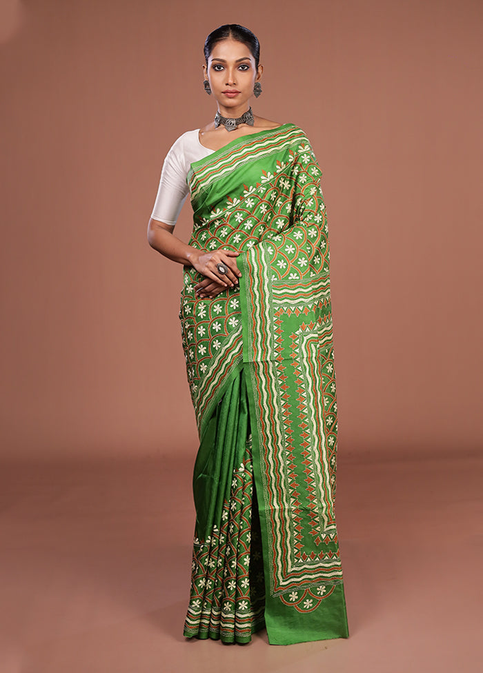 Green Handloom Kantha Stitch Pure Silk Saree With Blouse Piece