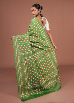 Green Handloom Kantha Stitch Pure Silk Saree With Blouse Piece
