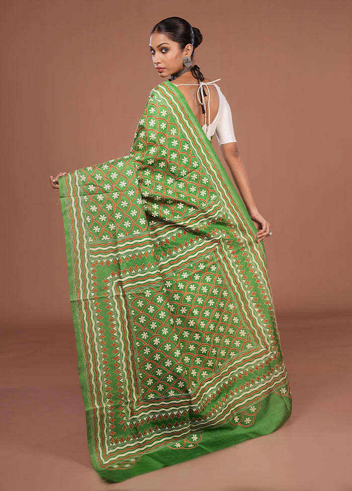 Green Handloom Kantha Stitch Pure Silk Saree With Blouse Piece