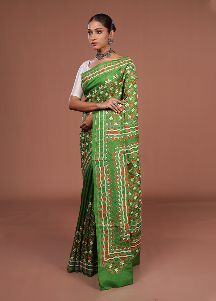 Green Handloom Kantha Stitch Pure Silk Saree With Blouse Piece