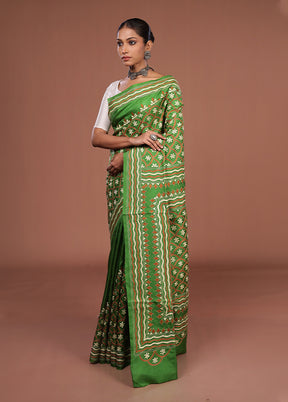 Green Handloom Kantha Stitch Pure Silk Saree With Blouse Piece