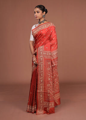 Maroon Handloom Kantha Stitch Pure Silk Saree With Blouse Piece