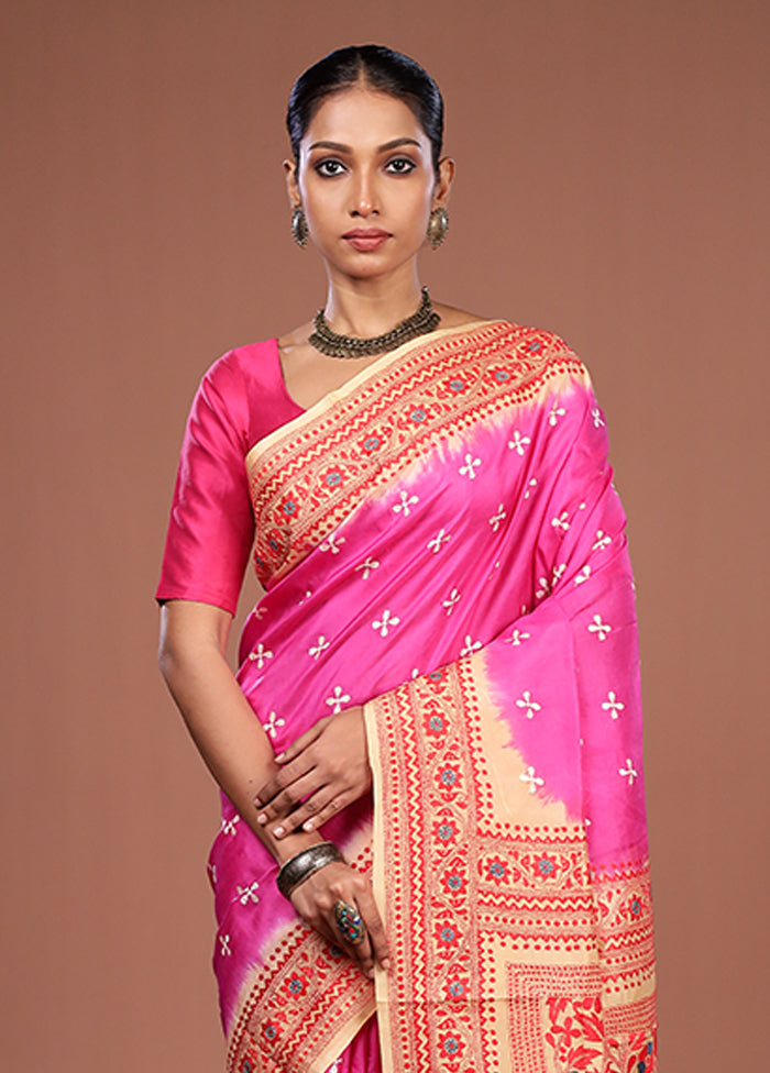 Pink Handloom Kantha Stitch Pure Silk Saree With Blouse Piece