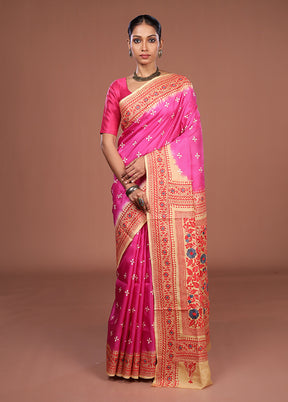 Pink Handloom Kantha Stitch Pure Silk Saree With Blouse Piece