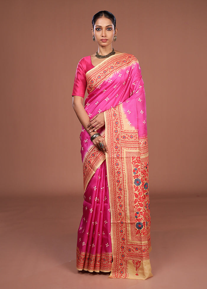 Pink Handloom Kantha Stitch Pure Silk Saree With Blouse Piece