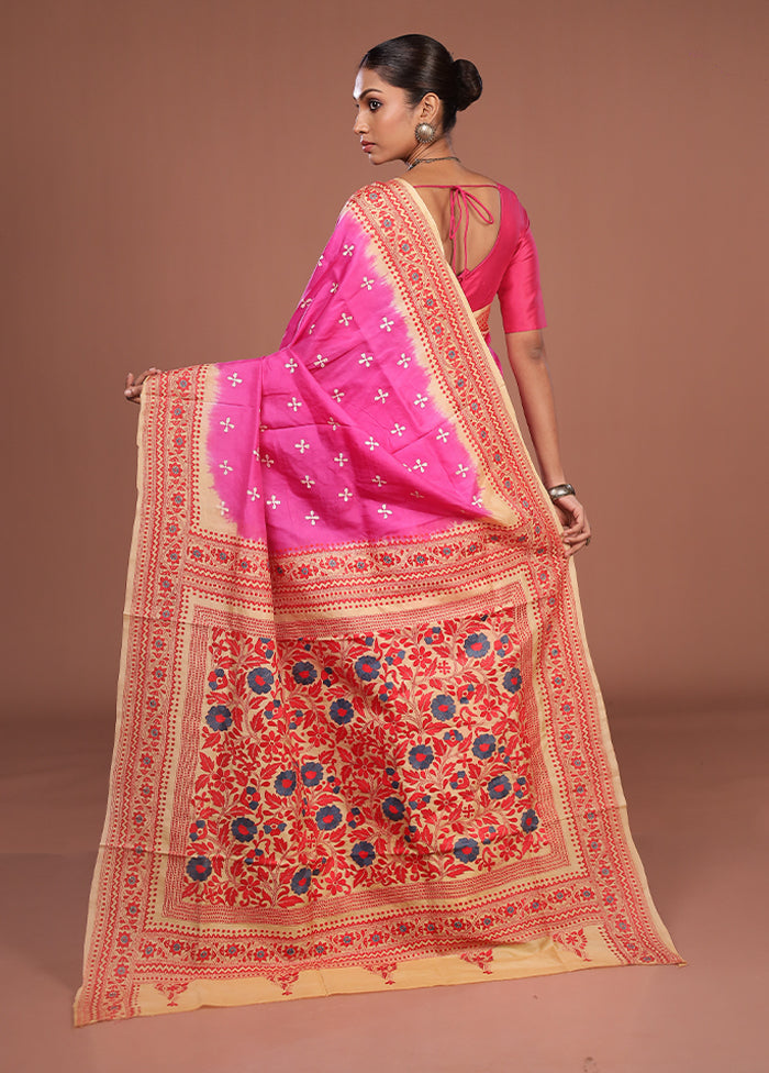 Pink Handloom Kantha Stitch Pure Silk Saree With Blouse Piece