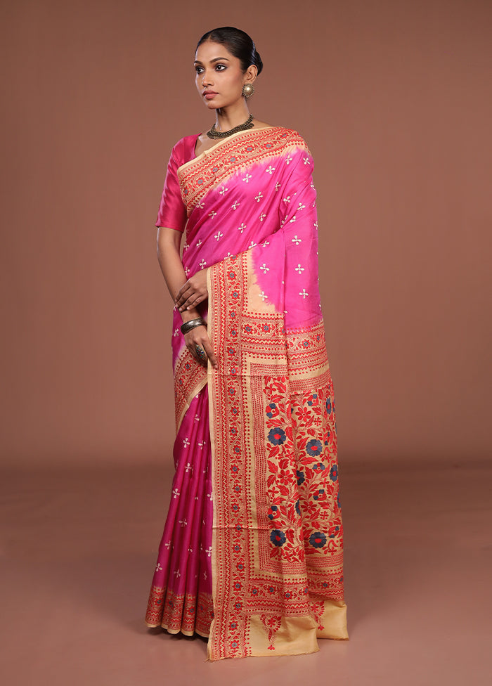 Pink Handloom Kantha Stitch Pure Silk Saree With Blouse Piece