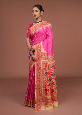 Pink Handloom Kantha Stitch Pure Silk Saree With Blouse Piece