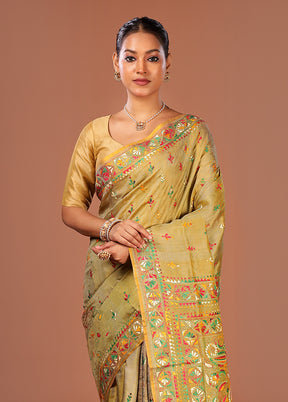 Green Handloom Kantha Stitch Pure Silk Saree With Blouse Piece
