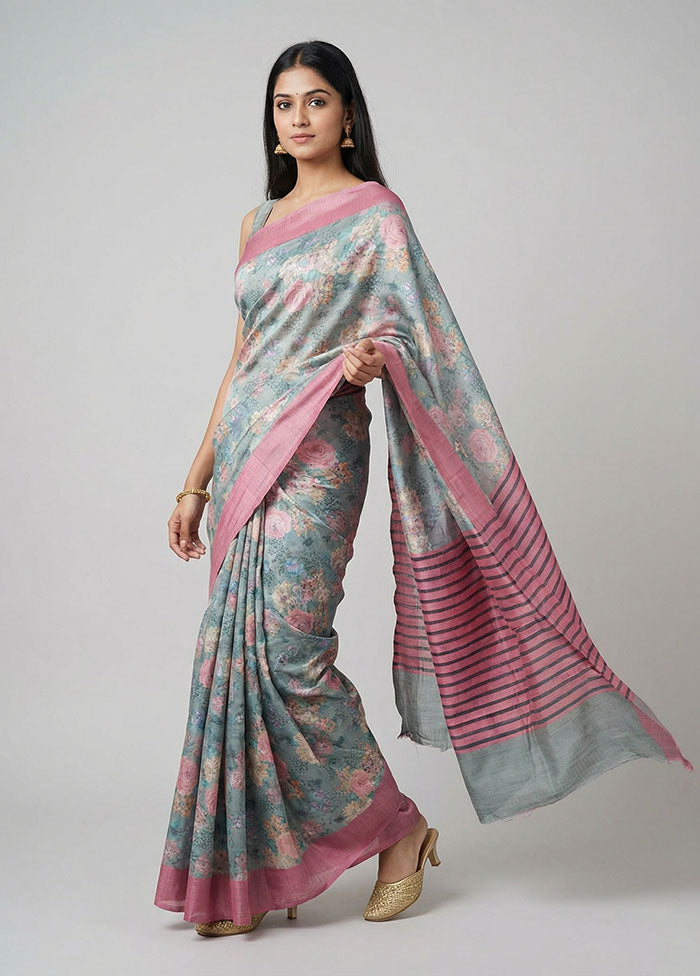 Green Printed Silk Saree Without Blouse Piece