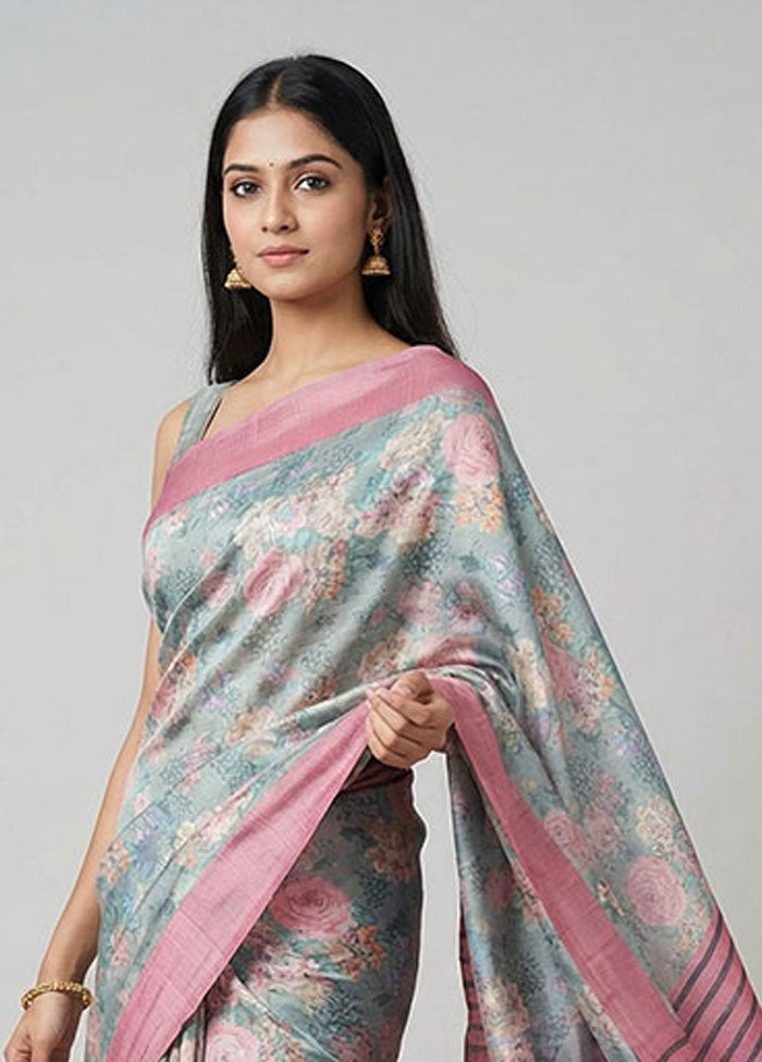 Green Printed Silk Saree Without Blouse Piece