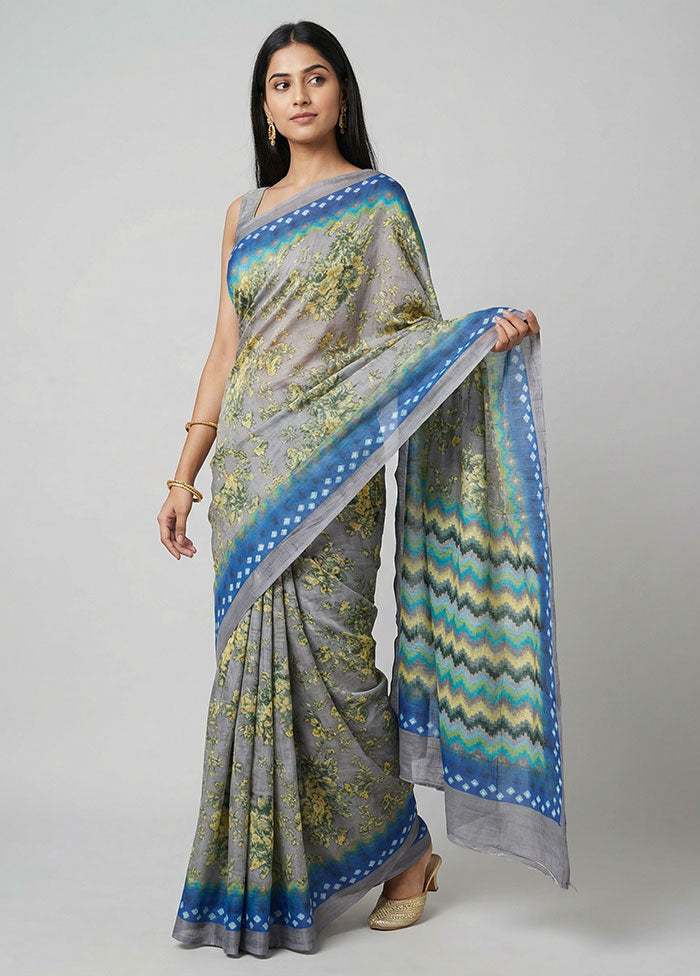 Grey Printed Silk Saree Without Blouse Piece