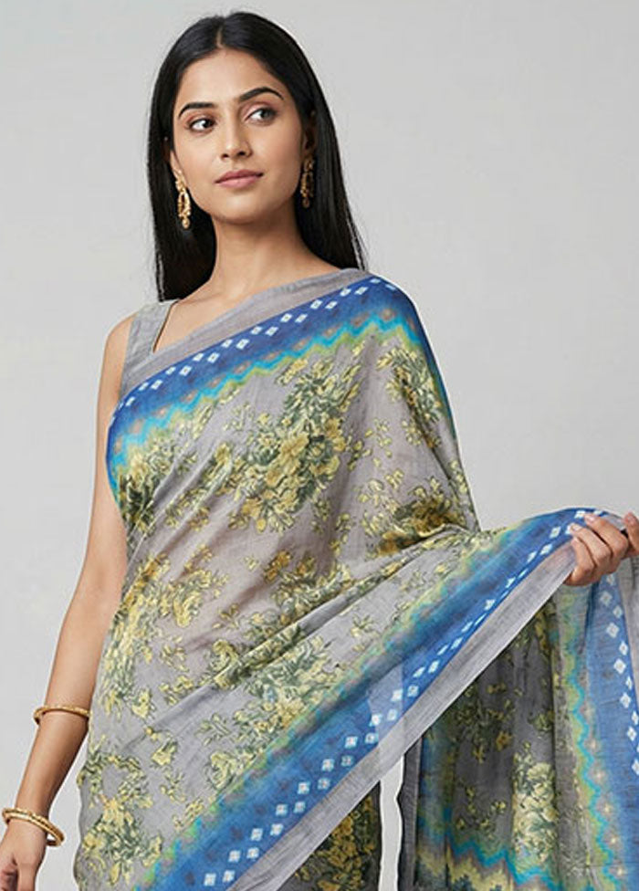 Grey Printed Silk Saree Without Blouse Piece