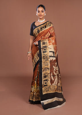 Rust Printed Pure Silk Saree Without Blouse Piece