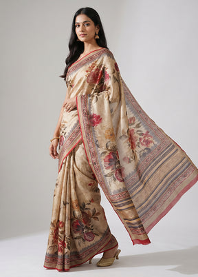 Cream Printed Pure Silk Saree Without Blouse Piece