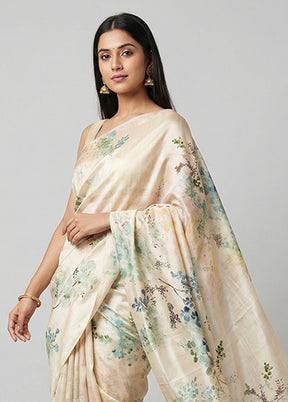 Cream Printed Pure Silk Saree Without Blouse Piece
