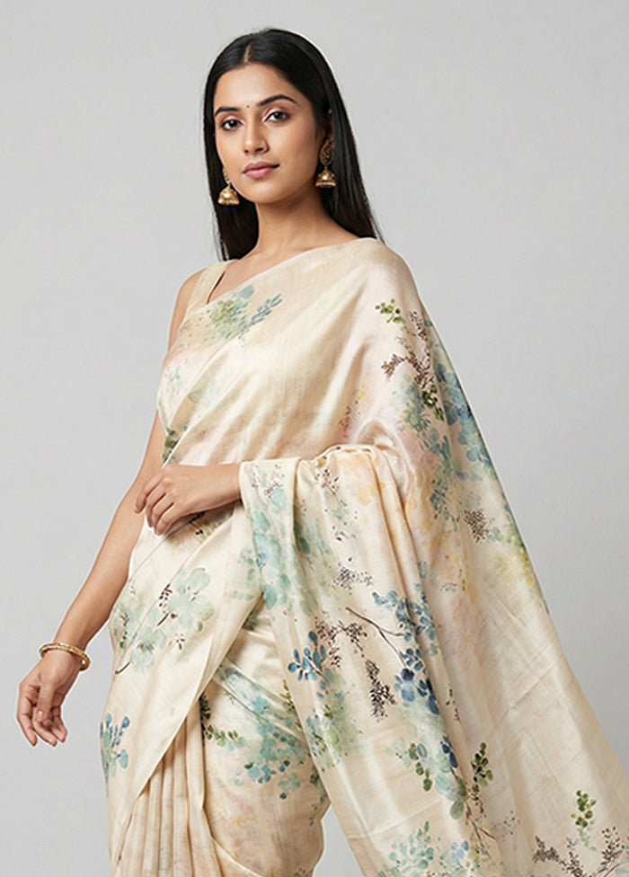 Cream Printed Pure Silk Saree Without Blouse Piece