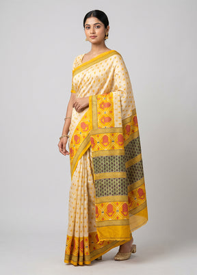 Cream Printed Silk Saree Without Blouse Piece