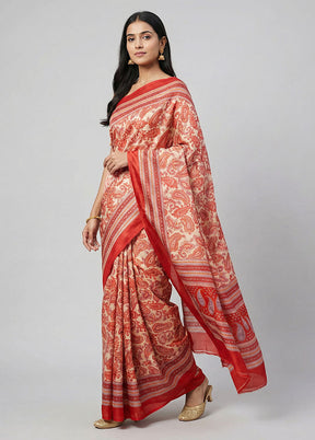 Cream Printed Silk Saree Without Blouse Piece