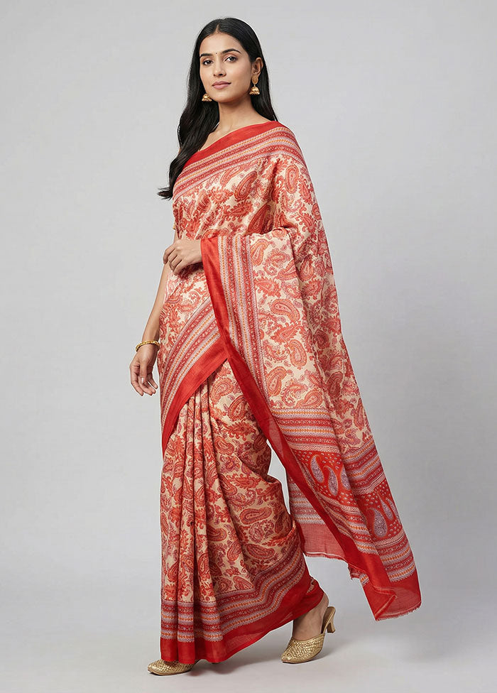 Cream Printed Silk Saree Without Blouse Piece