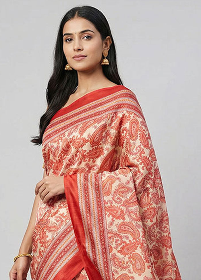 Cream Printed Silk Saree Without Blouse Piece