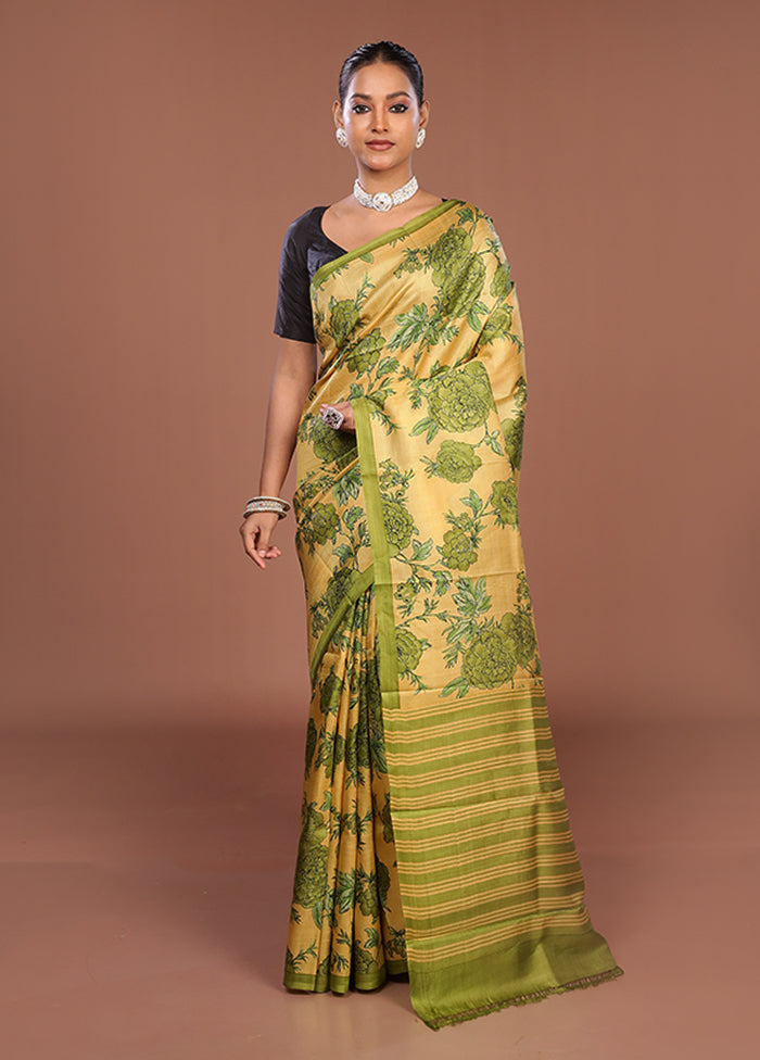 Cream Printed Silk Saree Without Blouse Piece
