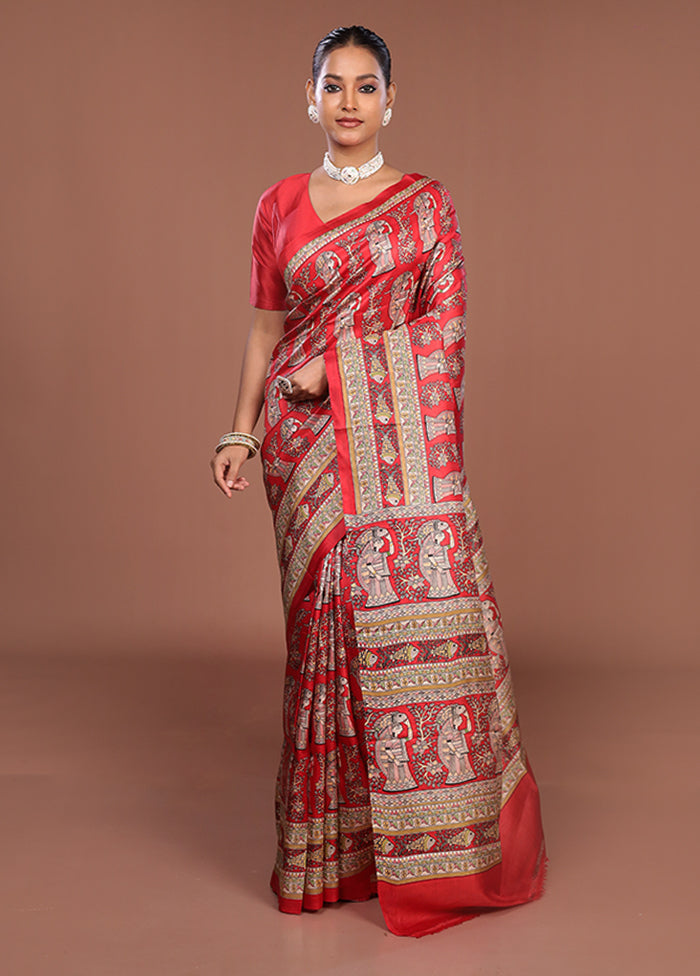 Cream Printed Silk Saree Without Blouse Piece