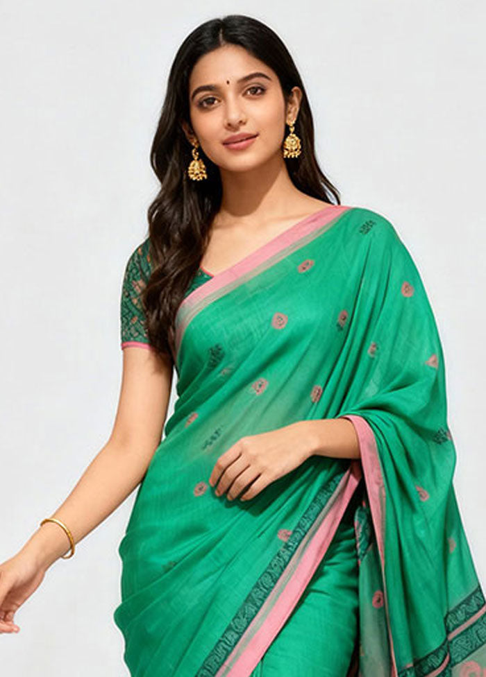 Green Cotton Saree With Blouse Piece