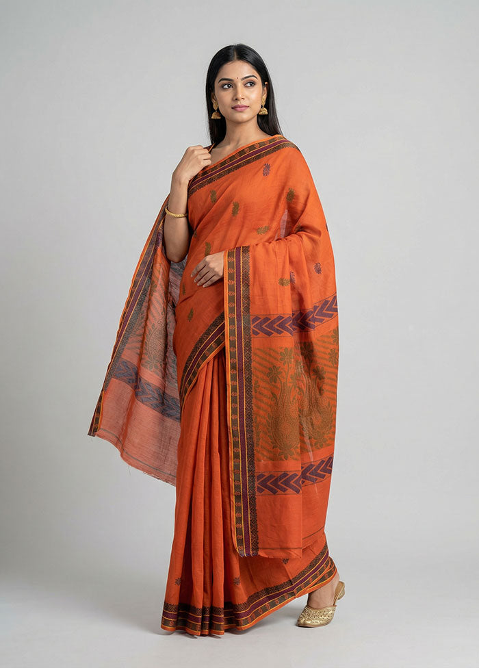 Rust Cotton Saree With Blouse Piece