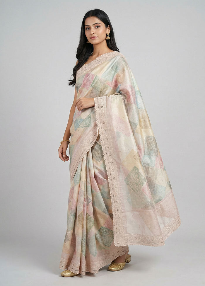 Cream Tussar Silk Saree With Blouse Piece