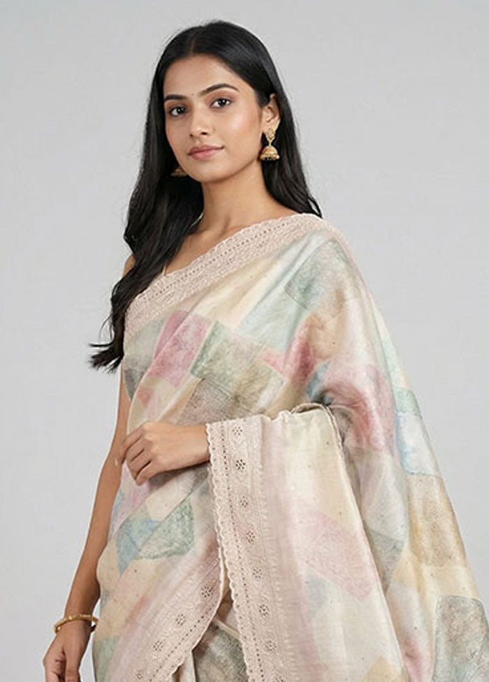 Cream Tussar Silk Saree With Blouse Piece