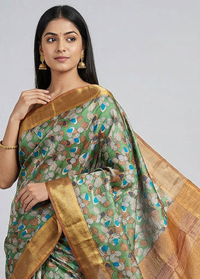 Green Handloom Tussar Pure Silk Saree With Blouse Piece