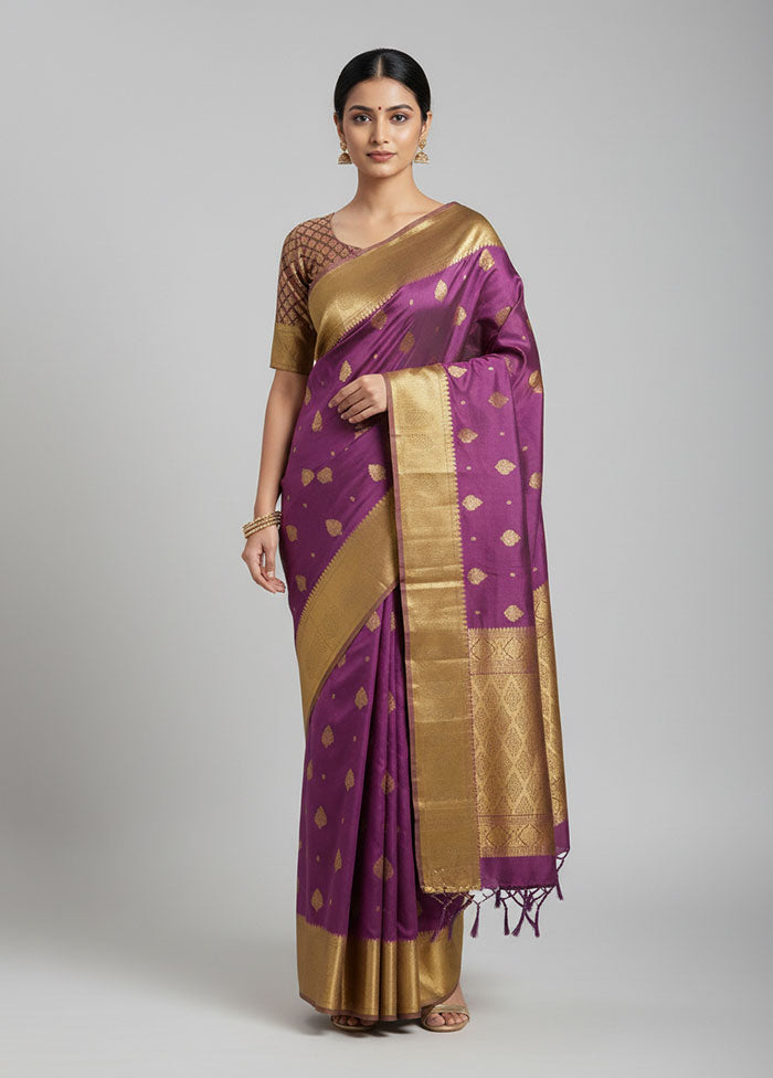 Purple Handloom Kanjivaram Pure Silk Saree With Blouse Piece