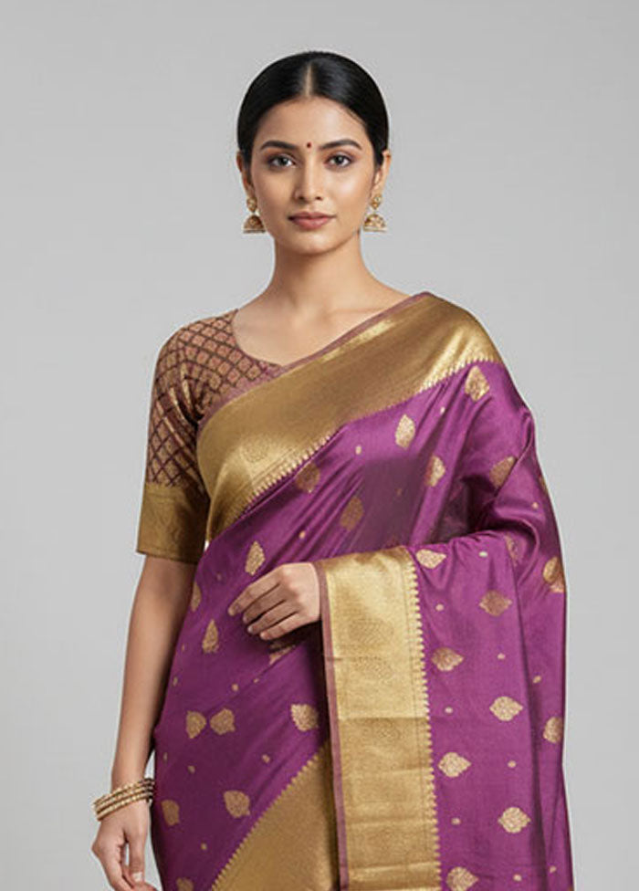 Purple Handloom Kanjivaram Pure Silk Saree With Blouse Piece