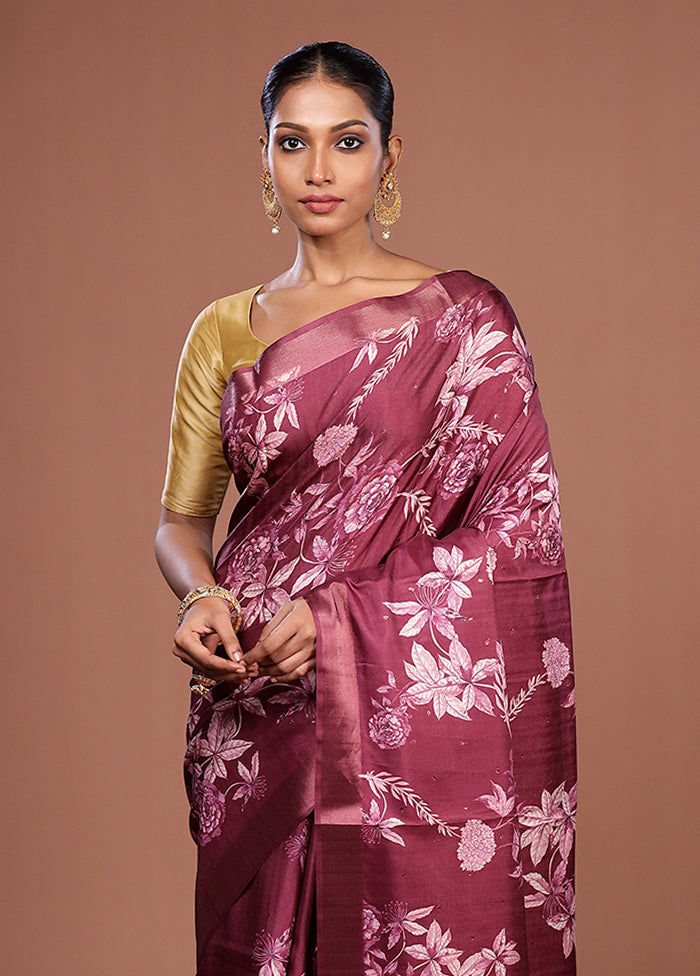 Maroon Tussar Silk Saree With Blouse Piece
