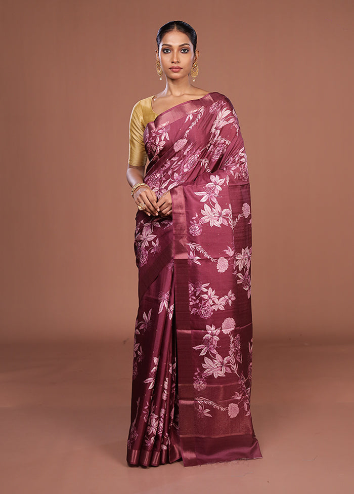 Maroon Tussar Silk Saree With Blouse Piece