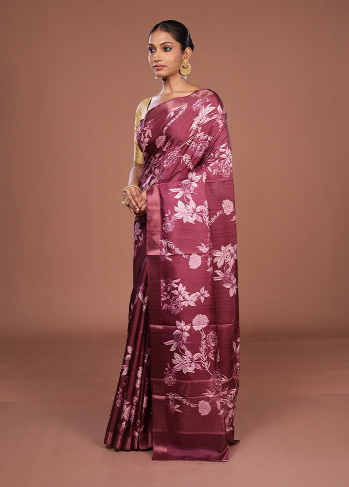 Maroon Tussar Silk Saree With Blouse Piece